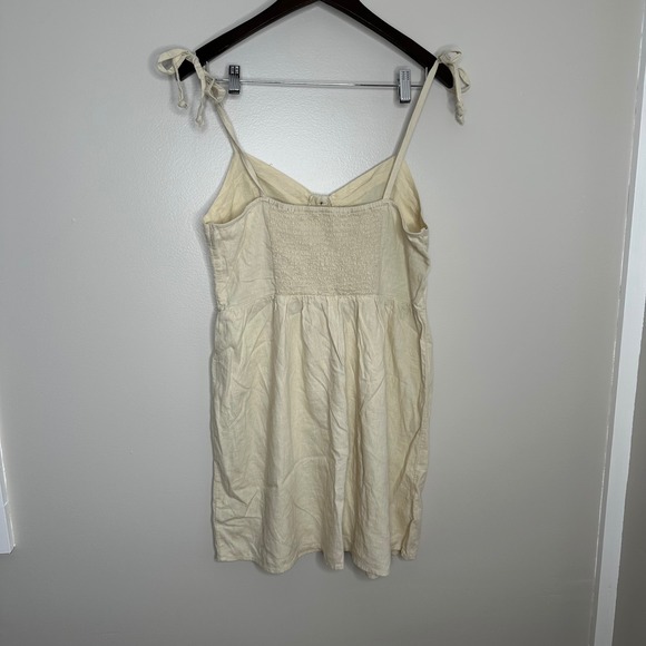 Aerie Women's Linen Blend Button Front Smocked Back Tie Strap Mini Dress Cream L - Picture 7 of 7